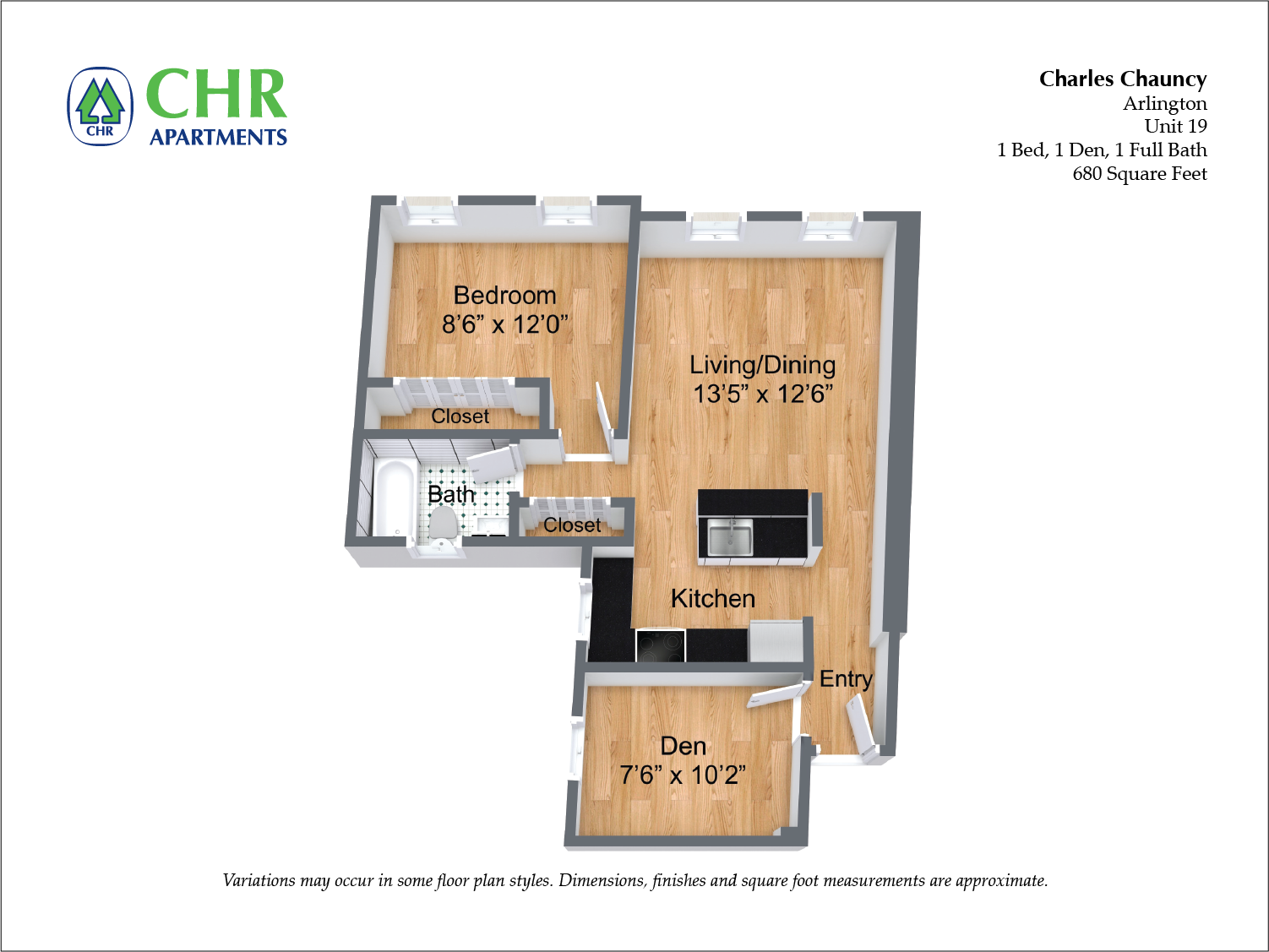 Floor plan for 1 bed, 1 bath, 709 sqft